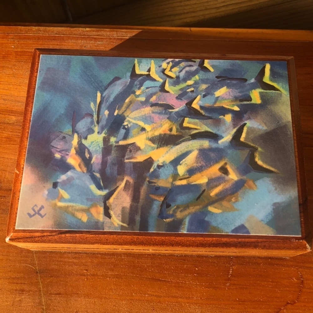Jamaican Hand Crafted Cedar Wood Annabelle Box Sea Life Art by Susan Clare